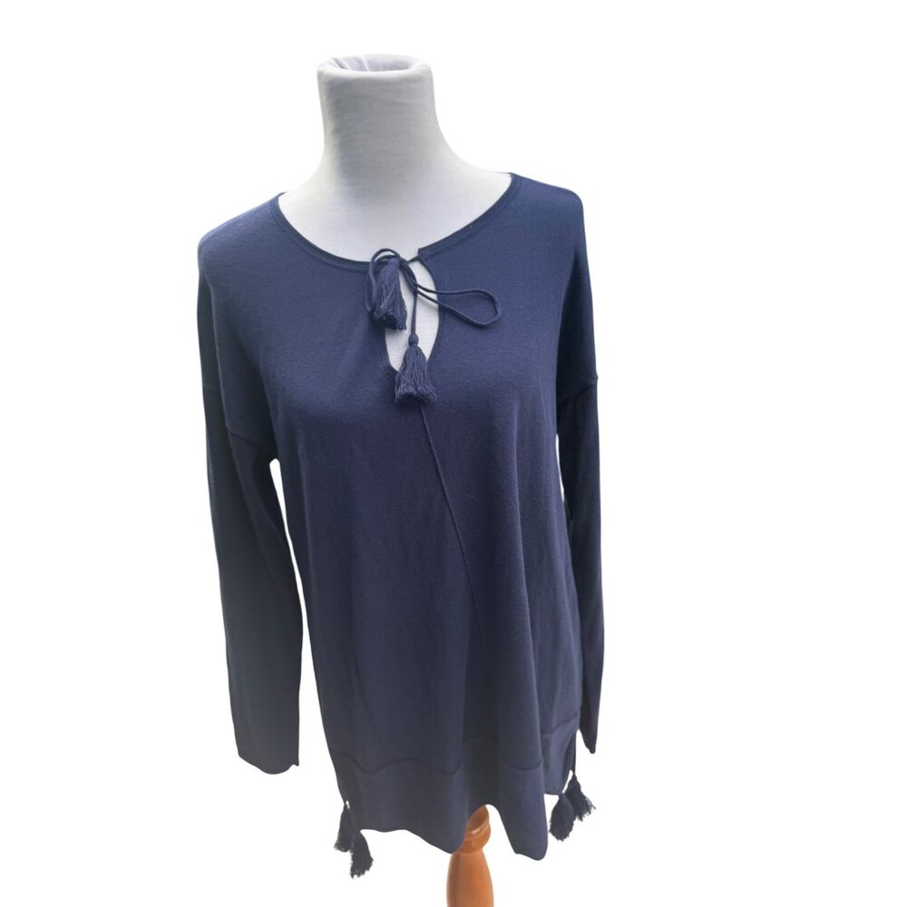 Lilly Pulitzer Womens Size Large Navy Long Sleeve Knit Top With Tassel Tie Neck - Picture 2 of 6